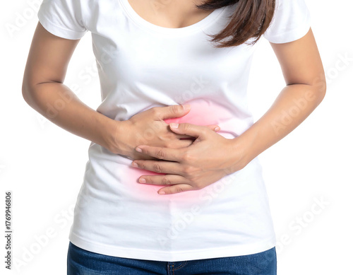 Wallpaper Mural Woman's torso, white t-shirt, hands on abdomen, pink glow indicating pain location. Isolated against a black background Torontodigital.ca