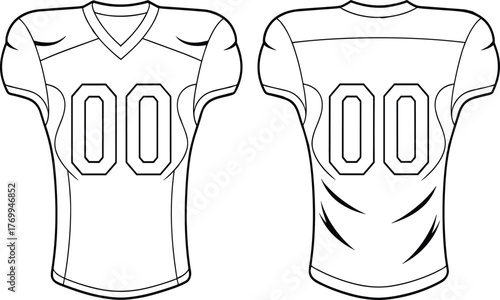 Black and white outline vector illustration of American football jersey front and back view with number design for sportswear customization