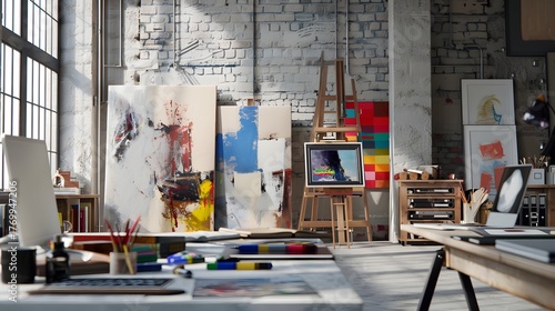 Creative Art Studio With Abstract Paintings On Easels In Bright Industrial Room