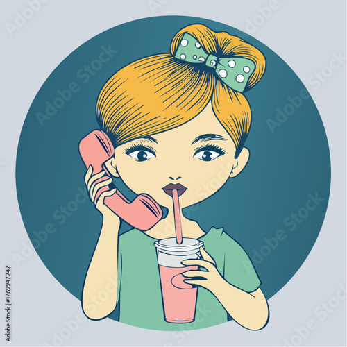retro phone sip portrait with green polka bow, orange bun, and pastel drink; merchandise: stickers, enamel pins, postcards, and drinkware panels
