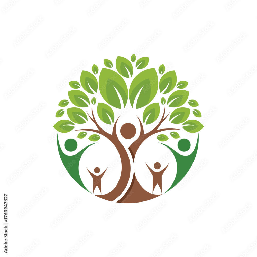 Obraz premium Circular logo depicting a tree of life with human figures and leaves