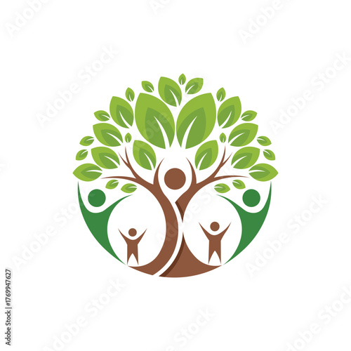 Circular logo depicting a tree of life with human figures and leaves