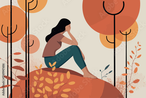 A solitary woman sits contemplating amidst a stylized landscape of warm orange and brown trees and foliage. 