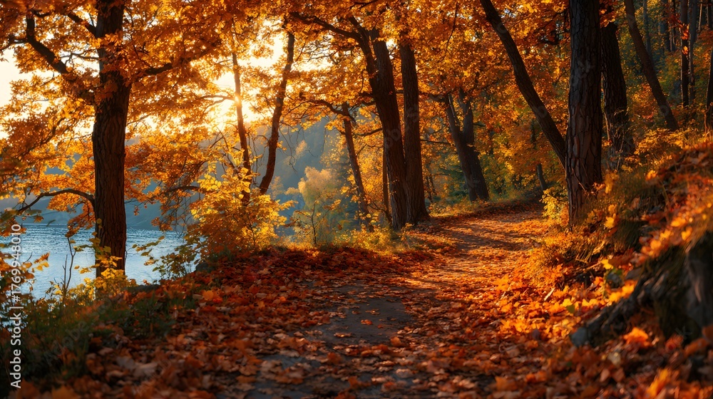 Obraz premium Forest path alongside water bathed in warm sunlight during peak autumn season