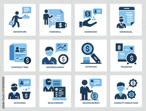 4x3 Business transition process illustrated by flat icons Departure, Farewell, Handover, Disposal, Contract End, Retrenchment, Attention, Transfer