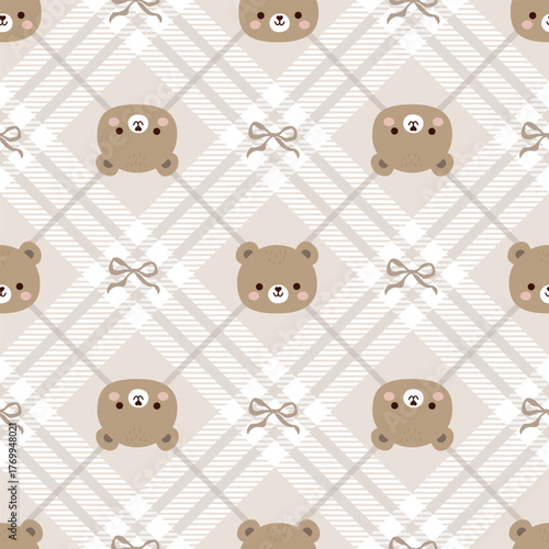 Cute Teddy Bear Faces and Bows on a soft beige plaid Seamless Pattern background. Perfect for baby products, kids fabric, nursery decor, stationery, and packaging.