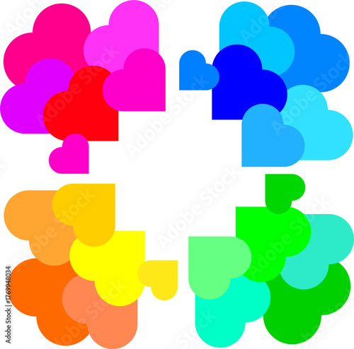 重なったハート4色セット_メッセージカード等の装飾に！（ピンク、ブルー、イエロー、グリーン）