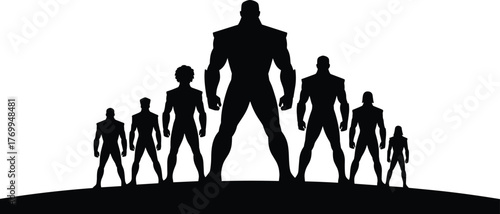 Silhouette of a superhero team standing together on a hill
