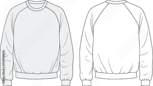 Flat technical fashion sketch of unisex crewneck sweatshirt with raglan sleeves, ribbed cuffs, hem, relaxed fit apparel design template illustration