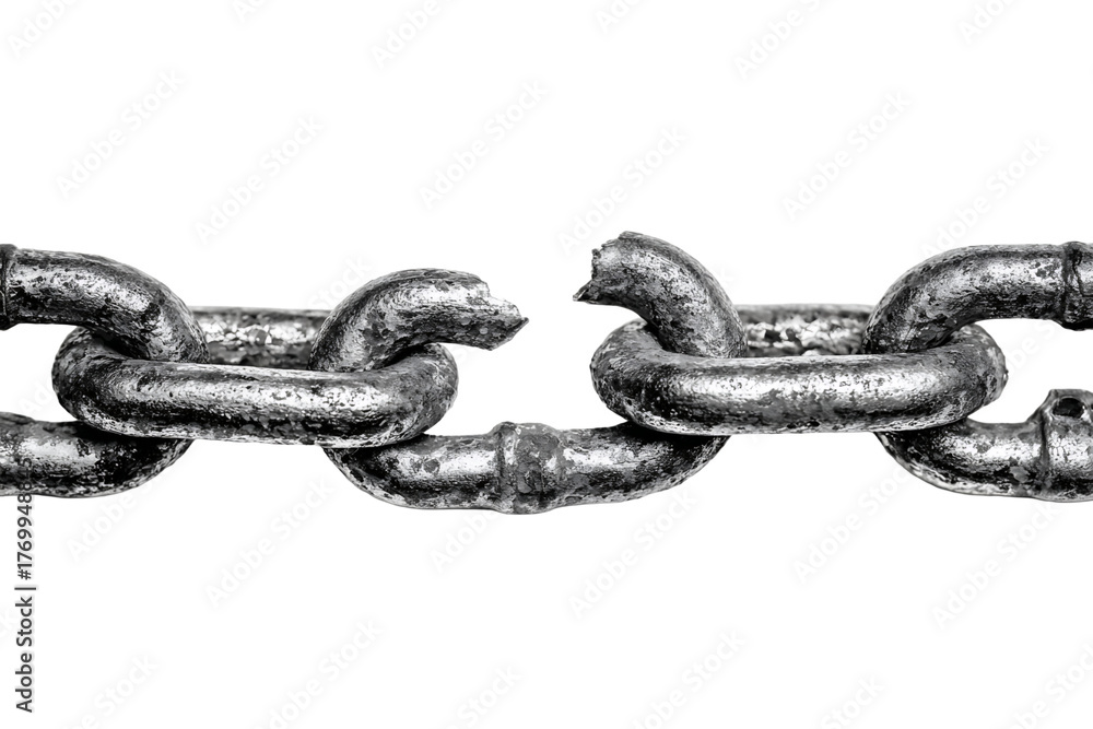 Obraz premium Silver Metal Chain Link Broken Against Transparent Background Symbolic Of Disconnection And Vulnerability In High Contrast Lighting, PNG