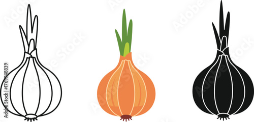 Whole Yellow Onion Vector Illustration with Green Shoots - Vegetable