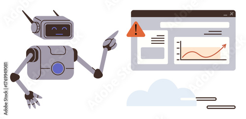 Robot interacting with interface showing error sign and growth chart. Ideal for technology, AI, automation, data analysis, troubleshooting, innovation, and robotics applications. A simple flat