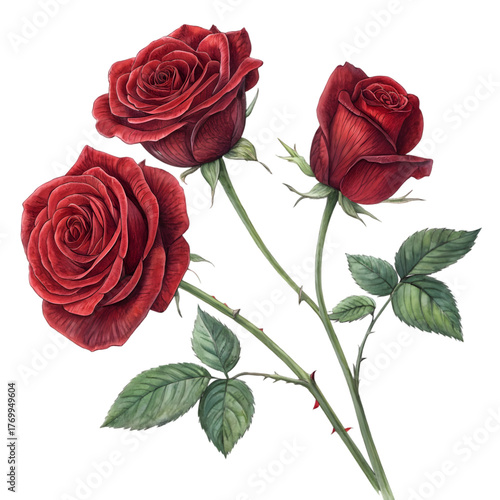 Three Red Roses: Elegant Floral Blooms & Natural Beauty on transparent background