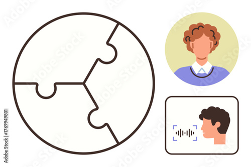 Circular puzzle design beside user profile avatar and voice recognition with soundwave. Ideal for teamwork, connection, problem-solving, collaboration, communication, networking, and innovation