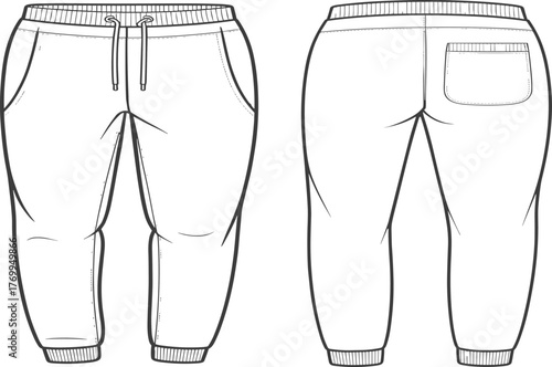 Technical flat sketch vector illustration of men’s jogger pants with elastic waistband, drawstring, side pockets, tapered legs, and cuffed ankles