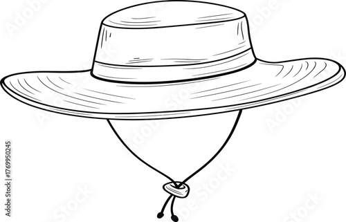 Technical line drawing of wide brim sun hat with chin strap front and side view detailed fashion accessory design vector template