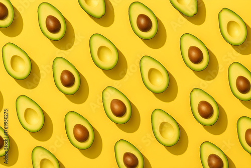 A vibrant yellow background filled with rows of halved avocados with their pits still inside them