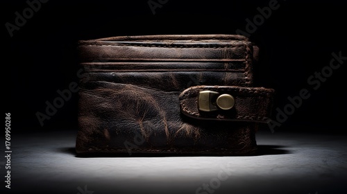 blimp. Closed worn leather wallet with secure metal clasp on dark background. lifestyle magazines, social media lookbooks, designed for lifestyle magazines and social media content.