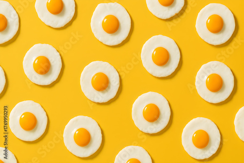 A pattern of sunny side up eggs arranged on a vibrant yellow background in a repeating design style