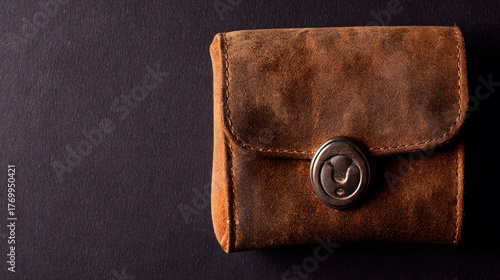 blimp. Closed worn leather wallet with secure metal clasp on dark background. lifestyle magazines, social media lookbooks, designed for lifestyle magazines and social media content.