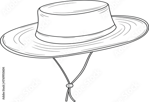 Vector flat sketch illustration of wide brim outdoor sun hat with high crown, chin strap, protective summer accessory, fashion headwear design