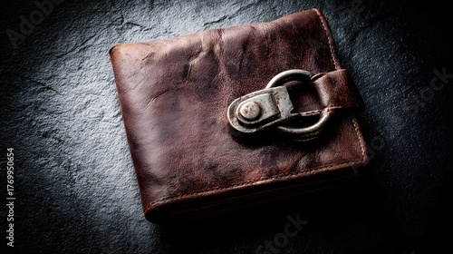 blimp. Closed worn leather wallet with secure metal clasp on dark background. lifestyle magazines, social media lookbooks, designed for lifestyle magazines and social media content.