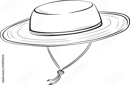 Vector flat sketch illustration of wide brim sun hat with rounded crown, chin strap, outdoor fashion accessory, protective summer headwear design