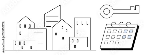 Cluster of modern buildings next to a key symbol and a spiral-bound calendar. Ideal for real estate, property planning, leasing, rentals, housing, urban development, simple flat metaphor