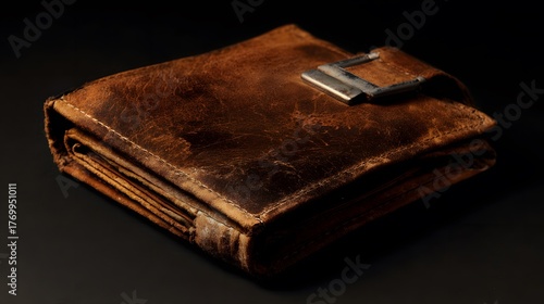 blimp. Closed worn leather wallet with secure metal clasp on dark background. lifestyle magazines, social media lookbooks, designed for lifestyle magazines and social media content.