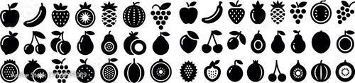A comprehensive collection of fruits is presented as solid black silhouette icons, showcasing a wide variety from apples to grapes. 
