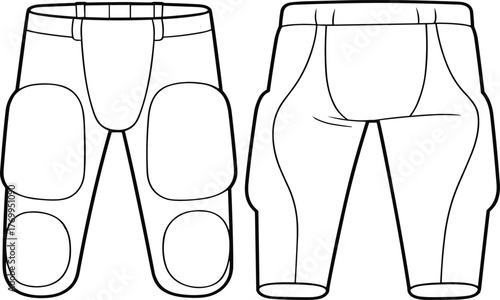 Vector illustration of padded athletic sports pants front and back technical drawing with protective padding design for football hockey safety wear