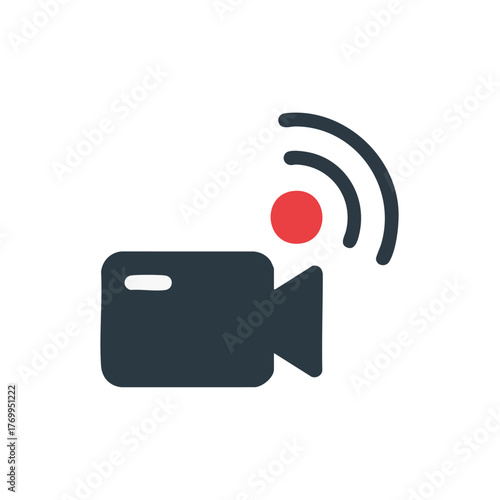 A modern icon illustrates live streaming, representing video recording and online broadcasting with a clean, simple design on a white background.