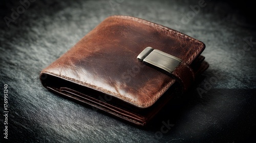 blimp. Closed worn leather wallet with secure metal clasp on dark background. lifestyle magazines, social media lookbooks, designed for lifestyle magazines and social media content.