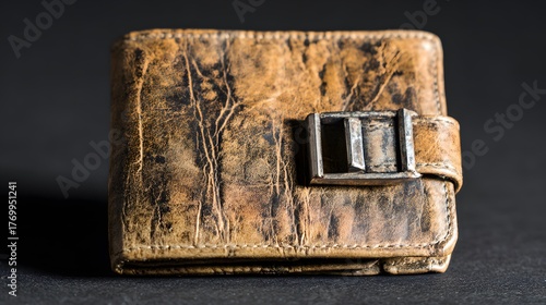 blimp. Closed worn leather wallet with secure metal clasp on dark background. lifestyle magazines, social media lookbooks, designed for lifestyle magazines and social media content.