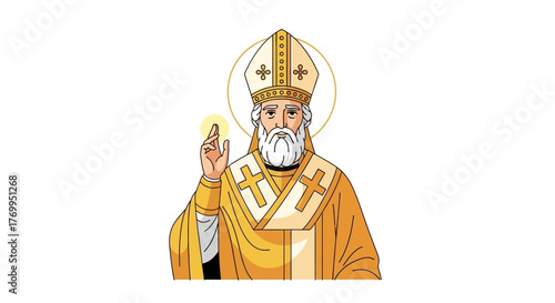 Saint Bishop Icon in Golden Robes with Halo, Holding Hand Up in Blessing on White Background