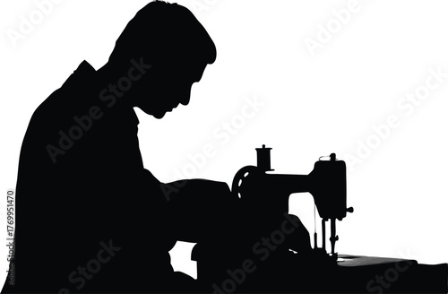 Silhouette of person sewing with vintage machine, tailoring, garment design, and craftsmanship vector illustration
