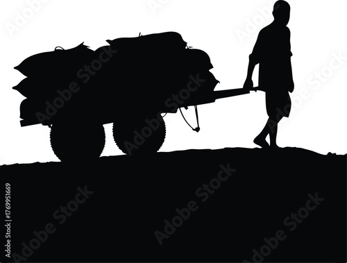 Silhouette of Man Pulling Loaded Cart with Sacks, Hard Labor and Struggle Concept Illustration