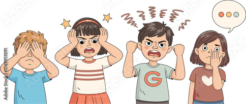 Children showing emotions, cartoon kids expressions, fear confusion anger surprise, emotional awareness, psychology concept, educational illustration, child behavior, feelings poster
