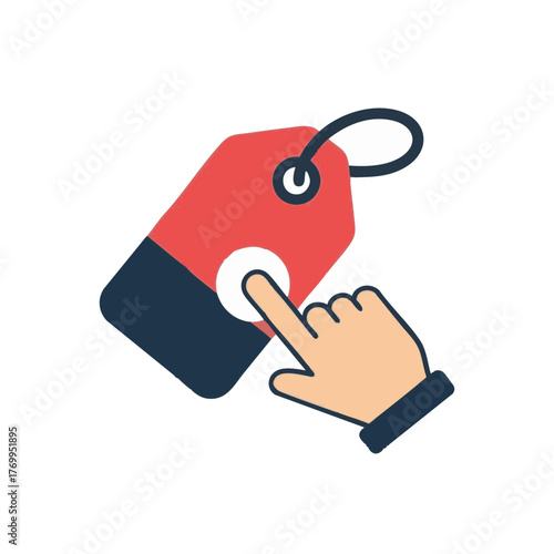 A hand presses a button on a price tag, symbolizing a purchase, discount, or selection in a modern, flat design style.