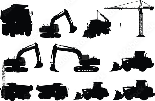 Construction vehicle silhouettes, dump truck, excavator, bulldozer, tower crane, black outline, heavy machinery, earthmoving equipment, industrial tools, job site gear, engineering machines