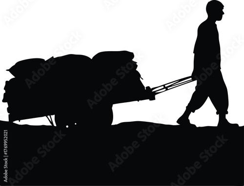 Silhouette of Man Pulling Loaded Cart, Hard Labor and Manual Work Concept Illustration