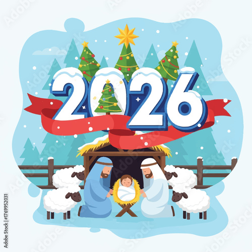 Nativity scene with Mary, Joseph, and baby Jesus in a manger, set against a snowy backdrop with Christmas trees and the year 2026.