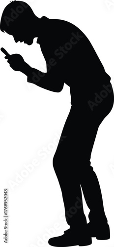 Silhouette of Man Looking Down at Smartphone, Vector Illustration of Mobile Usage and Poor Posture