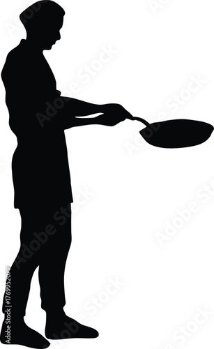 Silhouette of male chef in side view holding frying pan, vector cooking illustration for kitchen and culinary themes