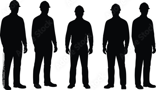 Construction worker silhouettes, hard hat team, black outline, workforce representation, safety attire, industrial labor, standing figures, job site crew, engineering staff, occupational concept