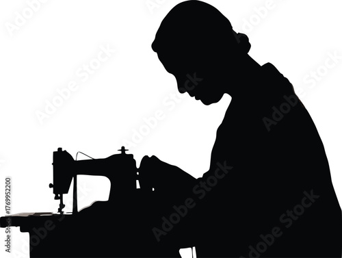 Silhouette of person sewing on vintage machine, tailoring, craftsmanship, and garment design vector illustration