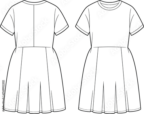Short sleeve dress sketch, fashion flat illustration, pleated skirt design, technical garment drawing, front and back view, sewing pattern template, stylish clothing outline