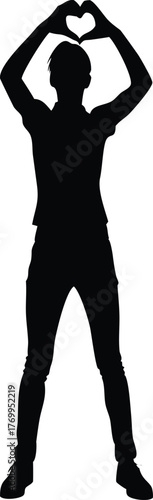 Silhouette of Person Forming Heart Shape Above Head, Love Gesture Standing Pose Illustration