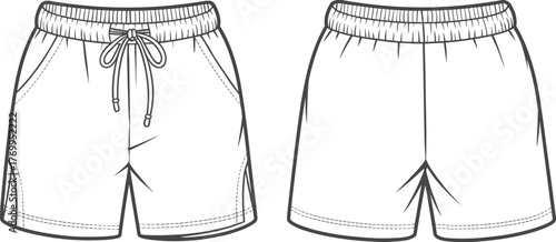 Shorts technical sketch, front and back view, elastic waistband, drawstring closure, side pockets, stitching details, fashion illustration, garment template, apparel design, casual wear