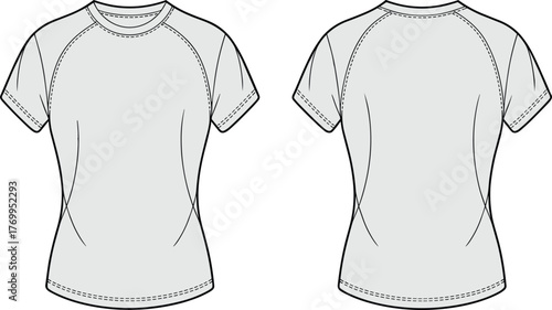 T-shirt technical sketch, front and back view, raglan sleeves, fitted design, short sleeves, curved seams, fashion illustration, garment template, apparel mockup, casual wear